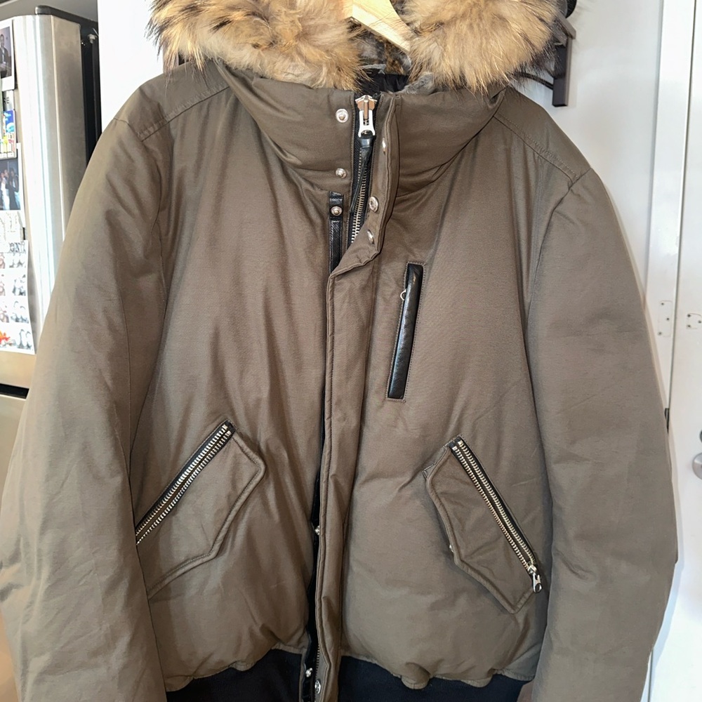 Mackage Green Puffer Jacket with Hood and Faux Fur Trim
